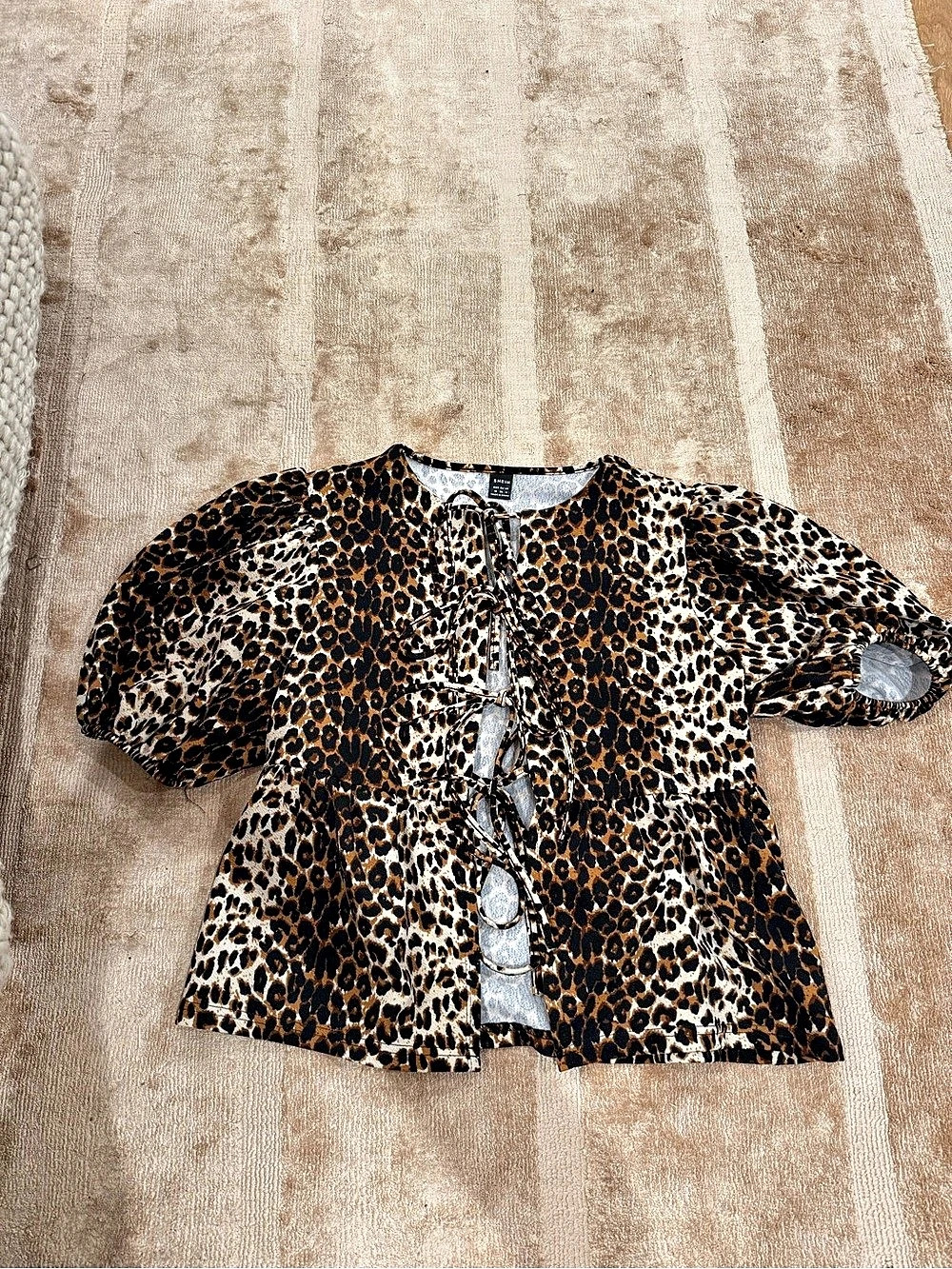 SHEIN Leopard Print Tie Front Puff Sleeve Shirt Size Medium